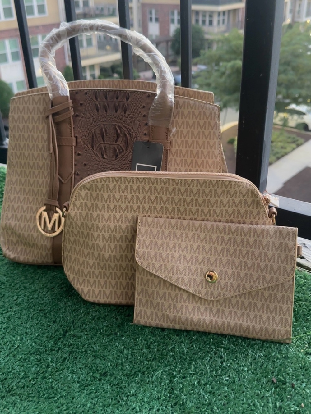 Logo-Print Tan Tote with Matching Crossbody & Wallet - Brown/Tan